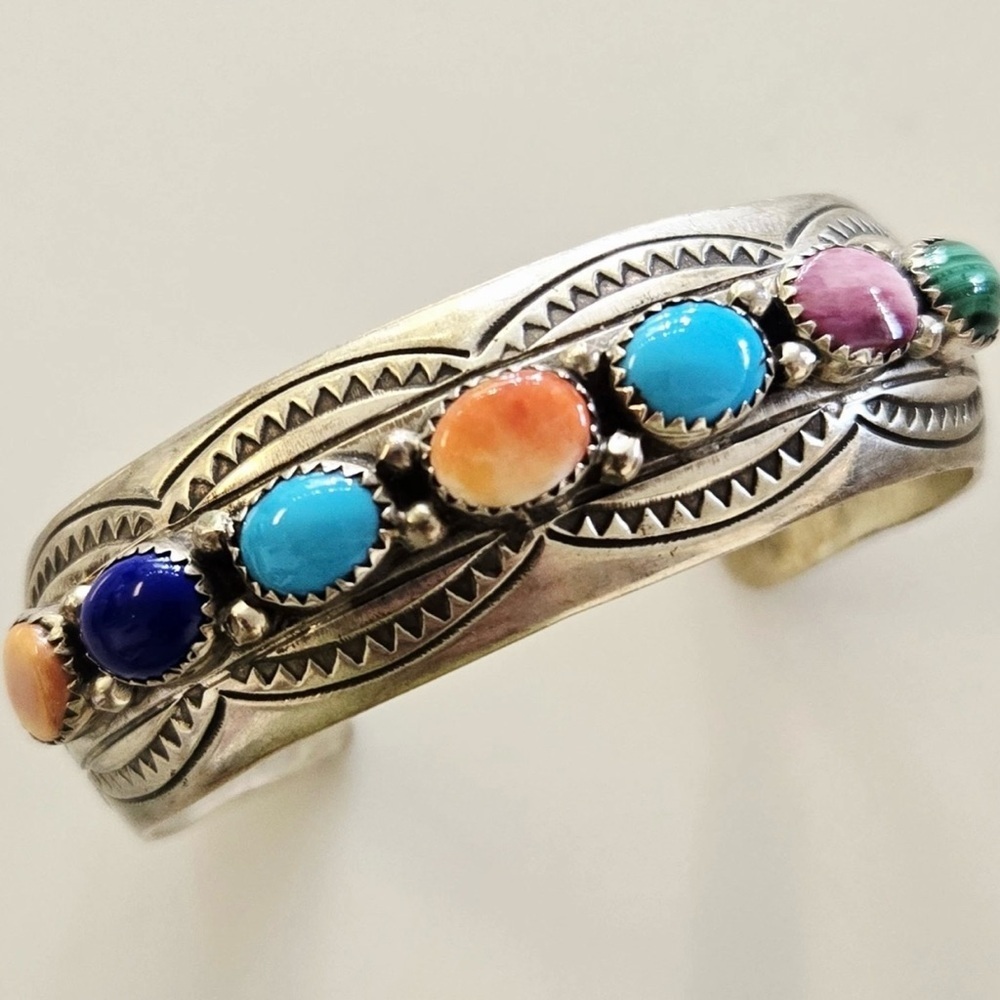 Old Pawn VTG BENALLY Navajo Turquoise Spiny Oyster Lazuli STERLING Bracelet